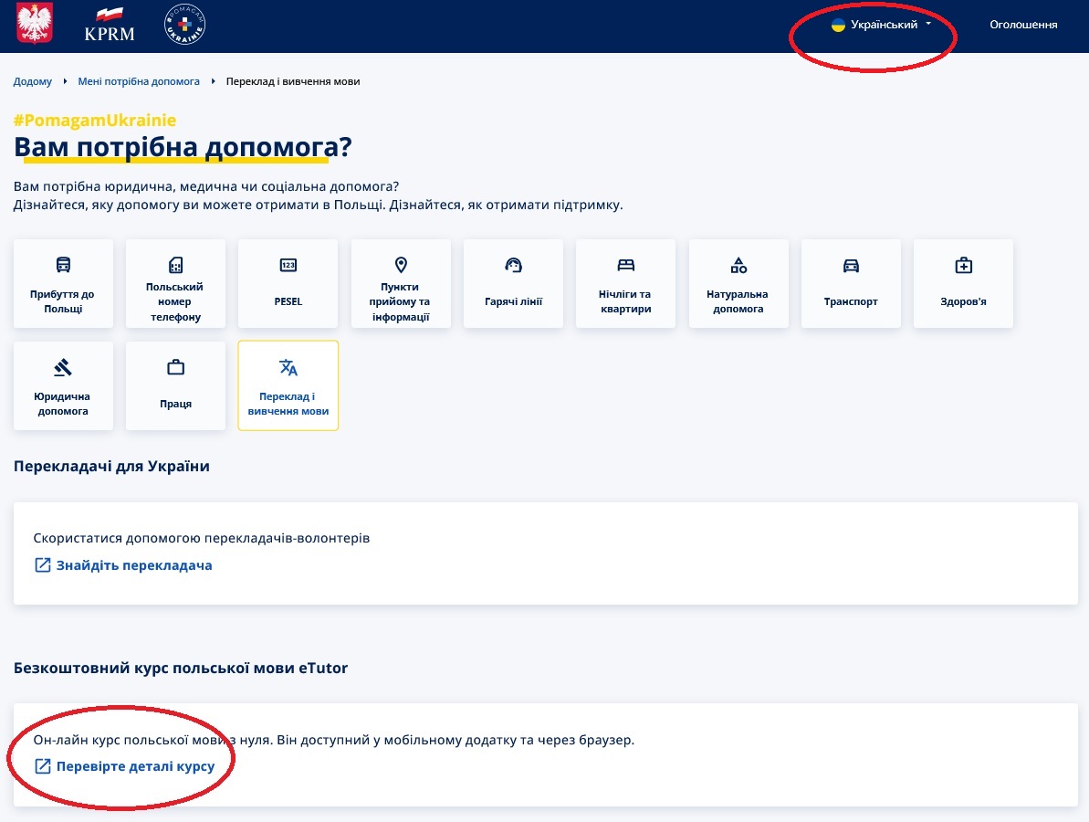 Podgląd strony internetowej z informacją o kursie języka polskiego
