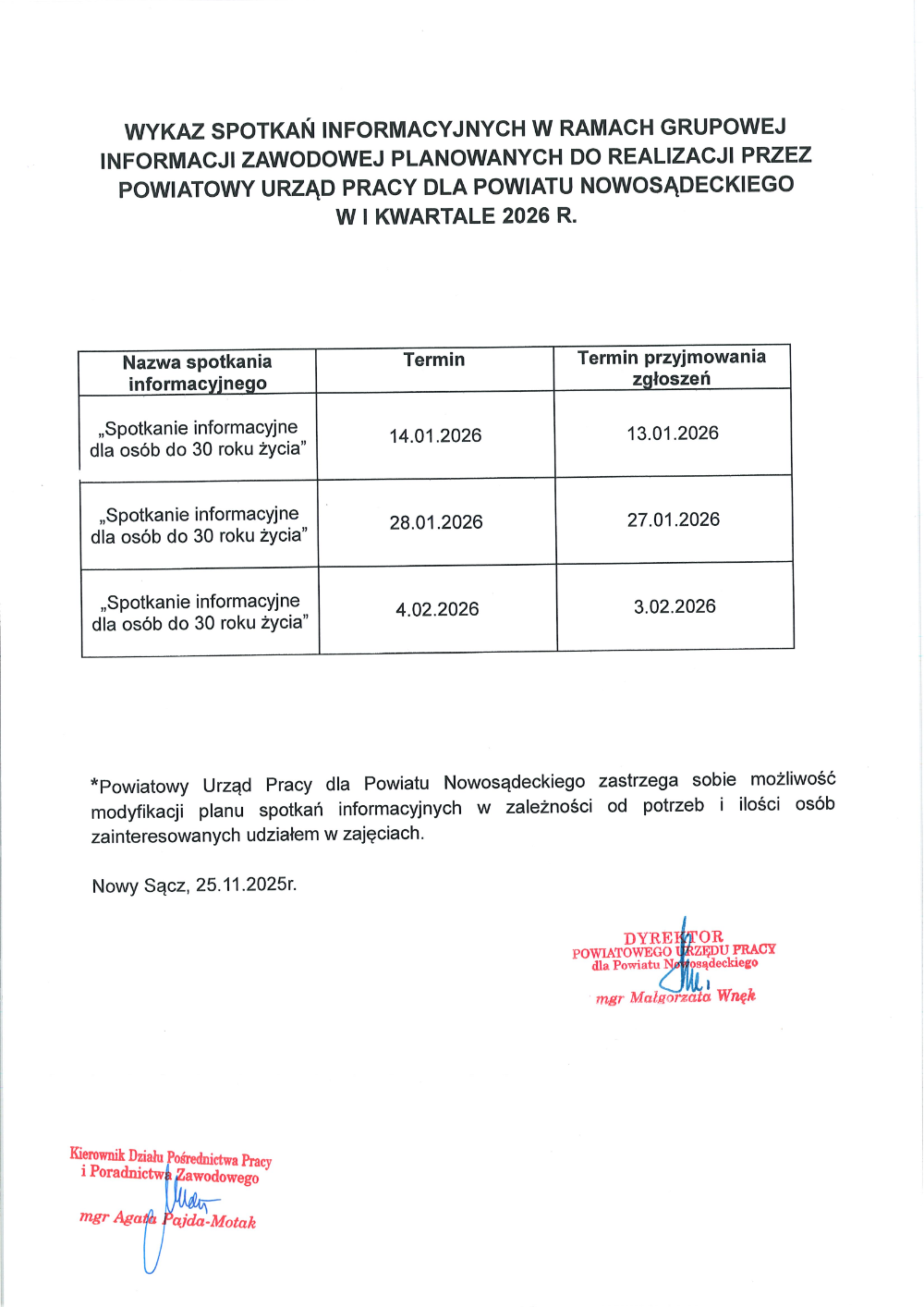 Wykaz spotkań informacyjnych w ramach grupowej informacji zawodowej planowanych do realizacji przez Powiatowy Urząd Pracy dla Powiatu Nowosądeckiego w I kwartale 2026 r. 3 spotkania informacyjne pod nazwą "Spotkanie informacyjne dla osób do 30 roku życia"; terminy spotkań: pierwsze 14.01.2026, zapisy do 13.01.2026; drugie 28.01.2026, zapisy do 28.01.2026; trzecie 4.02.2026 do 3.02.2026; PUP dla PN zastrzega sobie możliwość modyfikacji planu spotkań informacyjnych w zależności od potrzeb i ilości osób zainteresowanych udziałem w zajęciach.